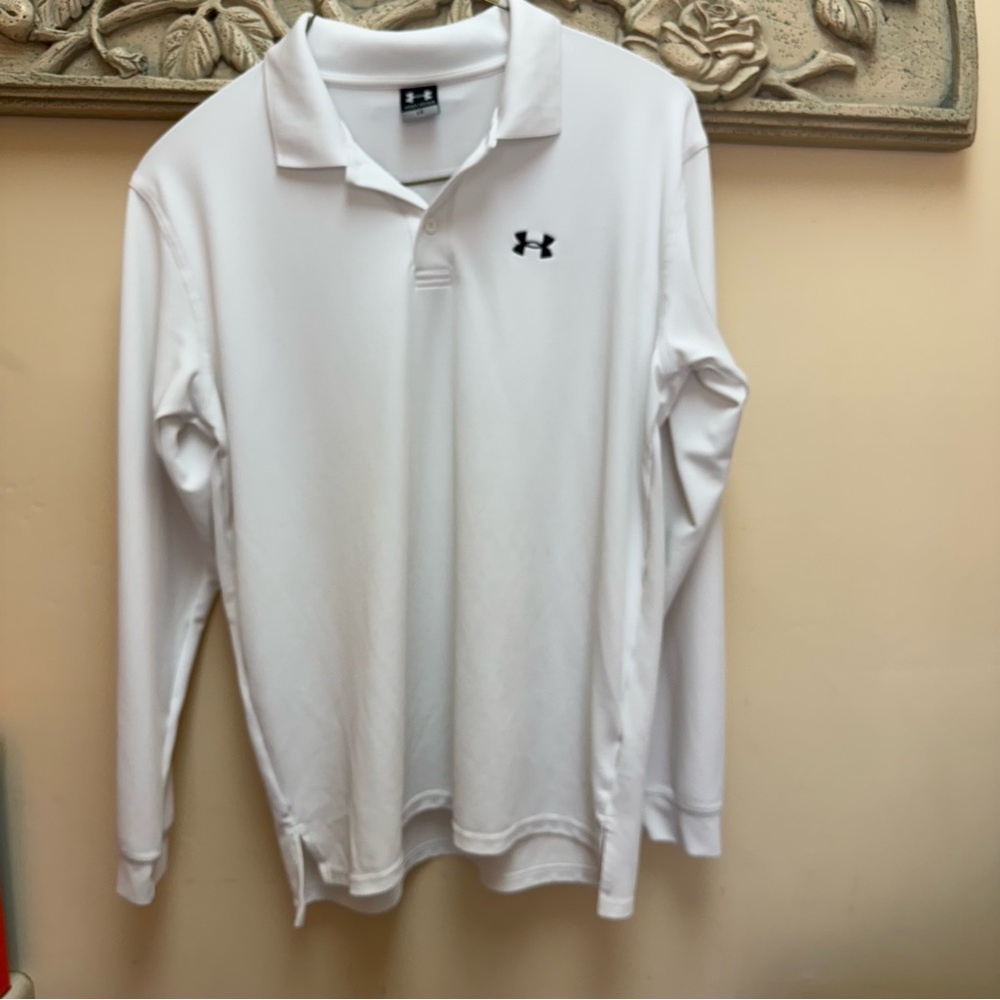 Under Armour White Mens Long Sleeve Polo Embroidered Classic Logos Shirt Size L